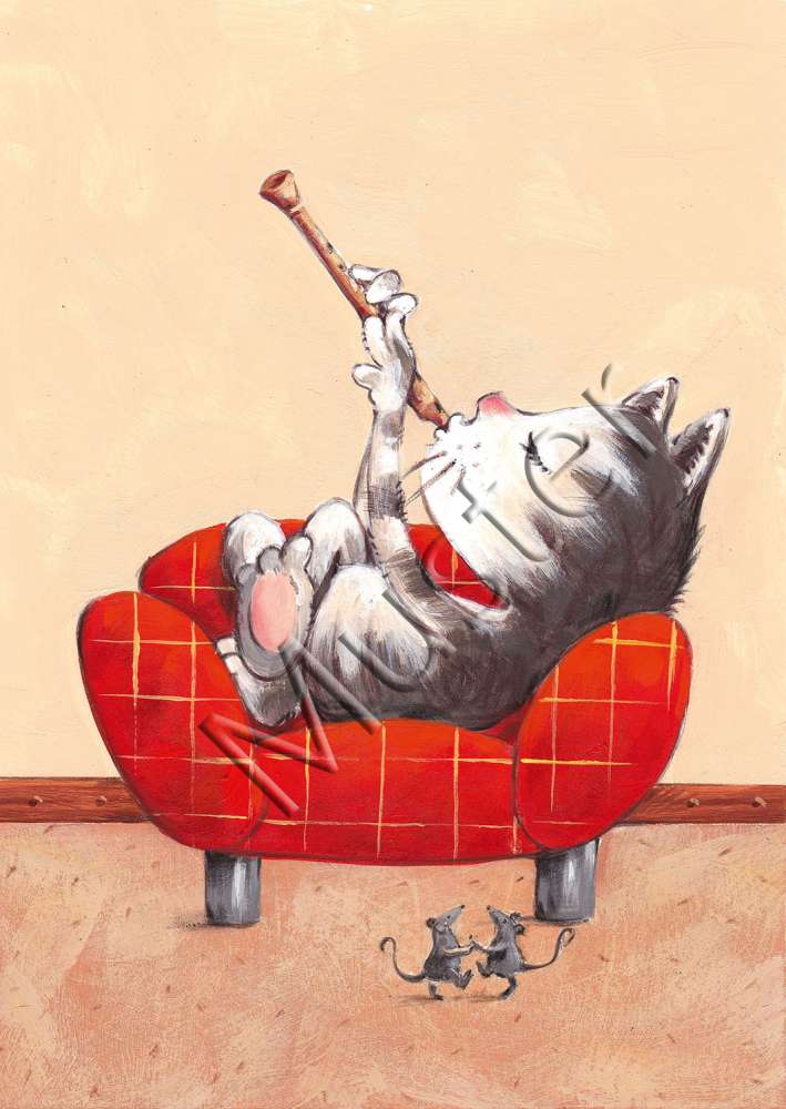 Postkarte Katze auf Sofa mit Blockflöte