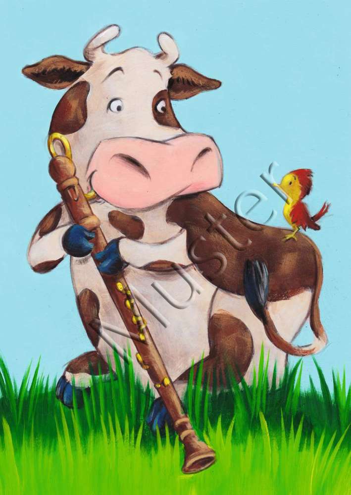 Postkarte Kuh mit Bassblockflöte